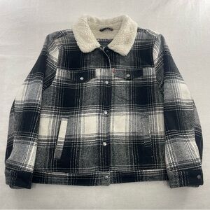 Levis Buffalo Plaid Sherpa Lined Trucker Jacket White Black Snap Buttons XL